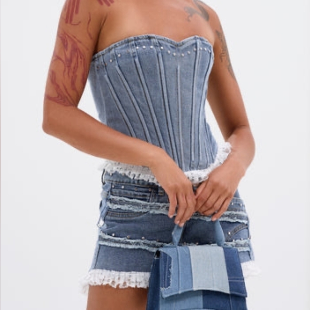 Akira Darling Lace Trim Denim Corset Top and Skirt Set Medium - Picture 2 of 2